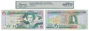East Caribbean, Elizabeth II, 5 Dollars, ND 2000, green on multi colour underprint. Graded