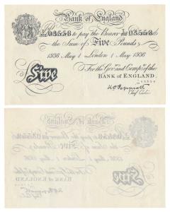 Bank of England, Pounds 5, Uniface, dated 1st May, 1936, Germany Operation Bernhard. Uncir