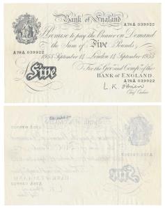 Bank of England, Pounds 5, Uniface, dated 14th September, 1955. Uncirculated.