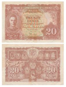 Malaya, George VI, 20 Cents, 1941 (KM 9). About Extremely Fine.