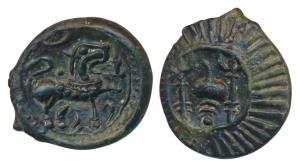 Vishnukundin Dynasty, Copper base alloy Unit, 7.32g, obv. lion to right with upraised paw,