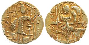 Kidara Kushanas (c. 4th century AD), Base Gold Dinar, 7.61g, obv. king nimbate standing fa