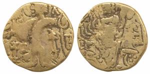 Kidara Kushanas (c. 4th century AD), Base Gold Dinar, 7.6g, obv. king nimbate standing, he