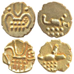 Vira Raya, Gold Fanam (2), each 0.38g, obv. stylized lion standing right with crescent abo