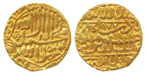 Akbar, Gold Mohur, 10.66g, Dar-ul- Khilafat Agra Mint, AH 977, Kalima on obv. (KM 106.1, L