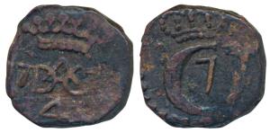 Tranquebar, Christian VII (1766 - 1808 AD), Copper 4 Kas / Cash, 2.25g, 1777, obv. crowned
