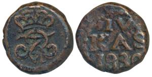 Tranquebar, Fredrik VI (1808 - 1839 AD), Copper 4 Kas / Cash, 2.42g, 1838, obv. crowned FR
