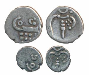 Silver Fanam (2), 0.33g & 1.05g, obv. degenerate figure of Kali; rev. ‘OC’ above ‘lazy-J’ 