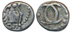 Silver Fanam, .93g, third issue, obv. large figure of Vishnu standing, rev. interlocked C’