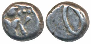 Silver 2 or Double Fanam, 1.86g, third issue, obv. large figure of Vishnu standing, rev. i