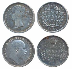 Silver 2 Annas (2), Victoria Queen, 1840, divided legend, 1841; Edward VII, 1910, Bombay M