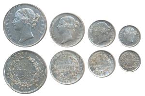 Victoria Queen, set of 4, Silver Rupee, ½, ¼ and 2 Annas, 1840 & 1841, Divided legend, Cal