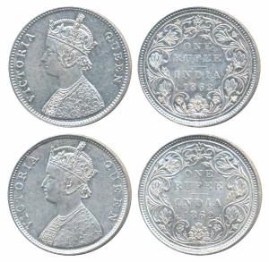 Victoria Queen, Silver Rupee (2), 1862, Bombay Mint, B / II / 0 / 3, (Prid 77); Bombay Min