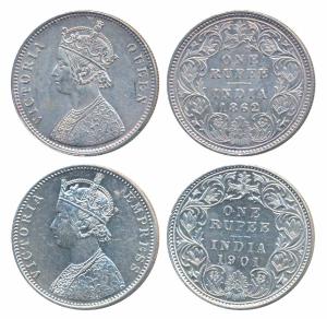Victoria Queen & Empress, Silver Rupee (2), Calcutta Mint, 1862, Calcutta Mint, A / I, (Pr
