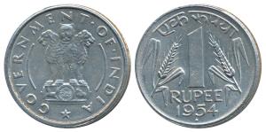 Cupro -Nickel Rupee, 1954, Bombay Mint (KM 7.2). About Uncirculated.