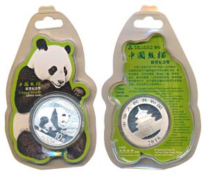 China, Silver 10 Yuan, 30.0g, 2016, Panda. Uncirculated, in plastic case of issue.