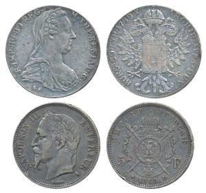 France, Napoleon III, Silver 5 Francs, 24.76g, 1870, (KM 799.1); Austria, Maria Theresa, S