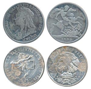 Great Britain, Victoria, Silver Crown, 27g, 1893 (KM 783); Mexico, Silver 25 Pesos, 22.58g