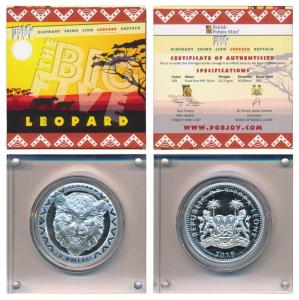 Sierra Leone, Silver 20 Dollars, 62.21g, 2019, Leopard, the Big Five Series, obv. coat of 