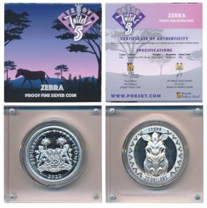 Sierra Leone, Silver 20 Dollars, 62.21g, 2022, Zebra, the Big Five Series, obv. coat of ar