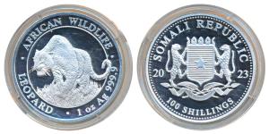 Somalia, Silver 100 Shillings, 31.1g, 2023, African Wildlife Series, Leopard, obv. Date sp