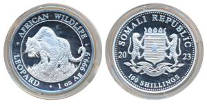 Somalia, Silver 100 Shillings, 31.1g, 2023, African Wildlife Series, Leopard, obv. Date sp