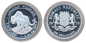 Somalia, Silver 100 Shillings, 31.1g, 2023, African Wildlife Series, Leopard, obv. Date sp