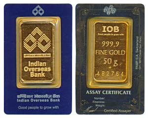 Indian Overseas Bank, Gold Bar, 50g, 999.9. Within tamper proof blister packaging.