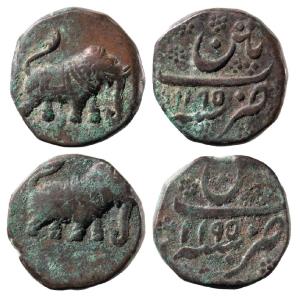 Haider Ali, Copper Paisa (2), 12.34g & 13.23g, Patan Mint, AM 1195 (KM 5.1). Fine+ and Abo