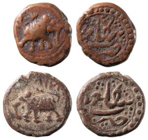 Tipu Sultan (AH 1197-1202; 1782-1799 AD), Copper ¼ Paisa (2), 2.69g & 2.63g, Bengalur Mint