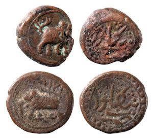 Tipu Sultan, Copper ¼ Paisa (2), 2.81g & 2.79g, Bengalur Mint, AM 1200 & 1218 (KM 31.1). V
