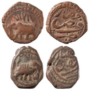 Tipu Sultan, Copper ¼ Paisa (2), 2.60g & 2.52g, Faiz Hisar Mint, AM 1217 & 1226 (KM 41.1).