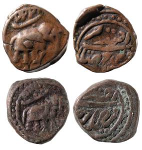 Tipu Sultan, Copper ¼ Paisa (2), 2.3g & 3.15g, Faiz Hisar Mint, both AM 1222, Persian lett