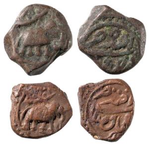 Tipu Sultan, Copper ¼ Paisa (2), 3.18g & 2.89g, Faiz Hisar Mint, Persian letter ‘Te’ above