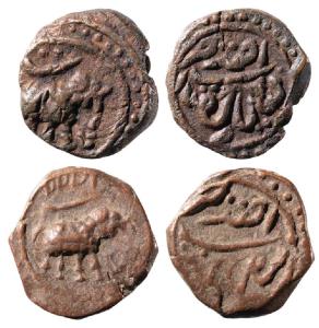 Tipu Sultan, Copper ¼ Paisa (2), 2.91g & 2.78g, Faiz Hisar Mint, Persian letter ‘Be’ above