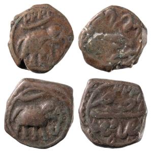 Tipu Sultan, Copper ¼ Paisa (2), 2.67g, Faiz Hisar Mint, AM 1222, Persian letter ‘Te’ abov