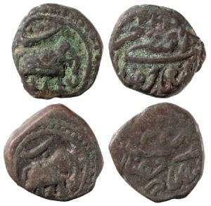 Tipu Sultan, Copper ¼ Paisa (2), 3.37g & 2.46g, Faiz Hisar Mint, AM 1222, Persian letter ‘