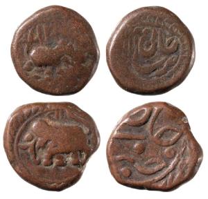 Tipu Sultan, Copper ¼ Paisa (2), 2.59g & 2.67g, Khaliqabad Mint, AM 1217 (KM 81.1). Fine+ 
