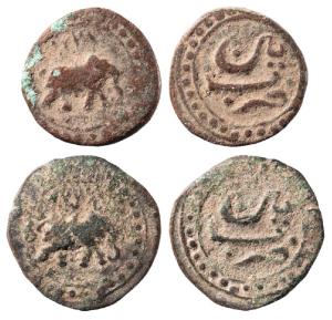Tipu Sultan, Copper ¼ Paisa (2), 2.81g & 2.72g, Patan Mint, AM 122X & 1228 (KM 121.4). Abo
