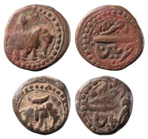 Tipu Sultan, Copper ¼ Paisa (2), 2.68g & 2.92g, Patan Mint, AM 1224, Persian ‘Alif’ and th