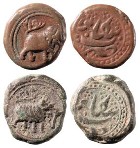 Tipu Sultan, Copper ½ Paisa (2), 5.46g & 5.61g, Bengalur Mint, AM 1215, decorated field on