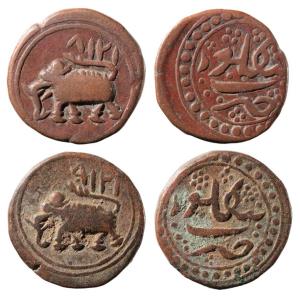 Tipu Sultan, Copper ½ Paisa (2), 5.66g & 5.39g, Bengalur Mint, AM 1218 & 1219 (KM 32.2). V