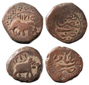 Tipu Sultan, Copper ½ Paisa (2), 5.44g & 5.46g, Faiz Hisar Mint, both AM 1216 but one with