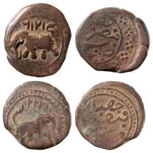 Tipu Sultan, Copper ½ Paisa (2), 5.42g & 5.46g, Faiz Hissar Mint, AM 1216 & 1222 (KM 42.2)