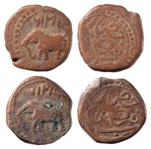 Tipu Sultan, Copper ½ Paisa (2), 5.41g & 5.69g, Faiz Hissar Mint, AM 1216 & 1217 (KM 42.2)