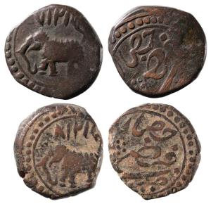 Tipu Sultan, Copper ½ Paisa (2), 5.49g, Faiz Hissar Mint, AM 1217 (KM 42.2). Fine+ and Abo