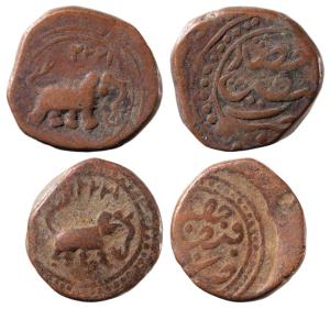 Tipu Sultan, Copper ½ Paisa (2), 5.82g & 5.31g, Faiz Hisar Mint, AM 1222 (KM 43.3). Very F