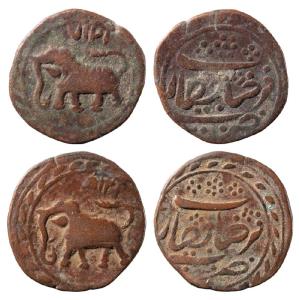 Tipu Sultan, Copper ½ Paisa (2), 5.33g & 5.40g, Farrukhyab Hisar Mint, AM 1217 & 1218, cor