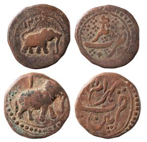 Tipu Sultan, Copper ½ Paisa (2), 5.31g & 5.82g, Nagar Mint, AH 1200 & Persian letter ‘Alif