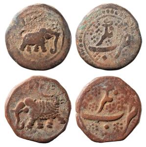 Tipu Sultan, Copper ½ Paisa (2), 5.60g & 5.61g, Nagar Mint, AH 1200 & 1217 (KM 102.1). Abo
